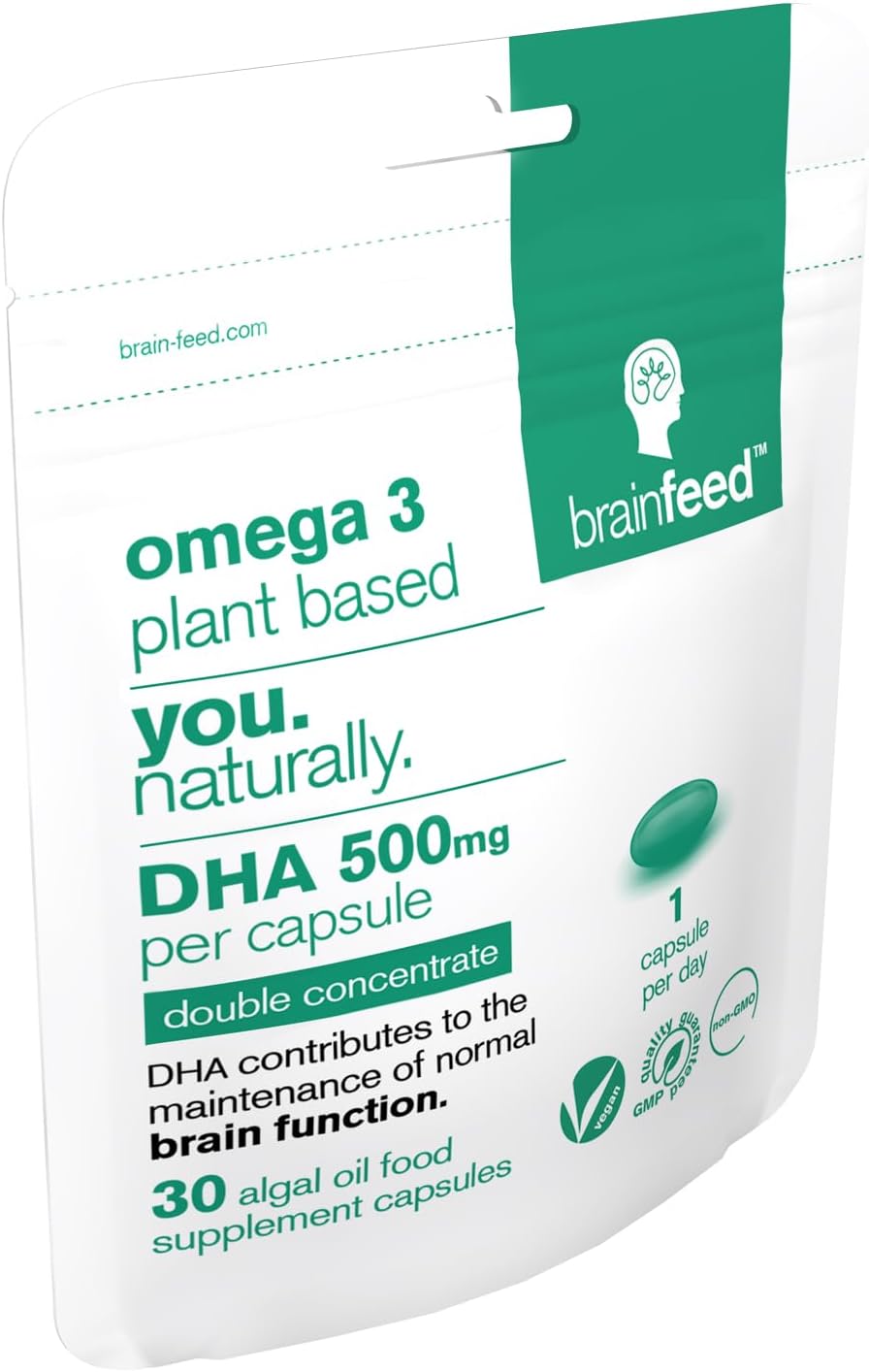 High Strength Vegan DHA Supplements - Double Concentrate Omega 3 Algae Oil Capsules for Brain & Eye Health - 60ct Sustainable Formula
