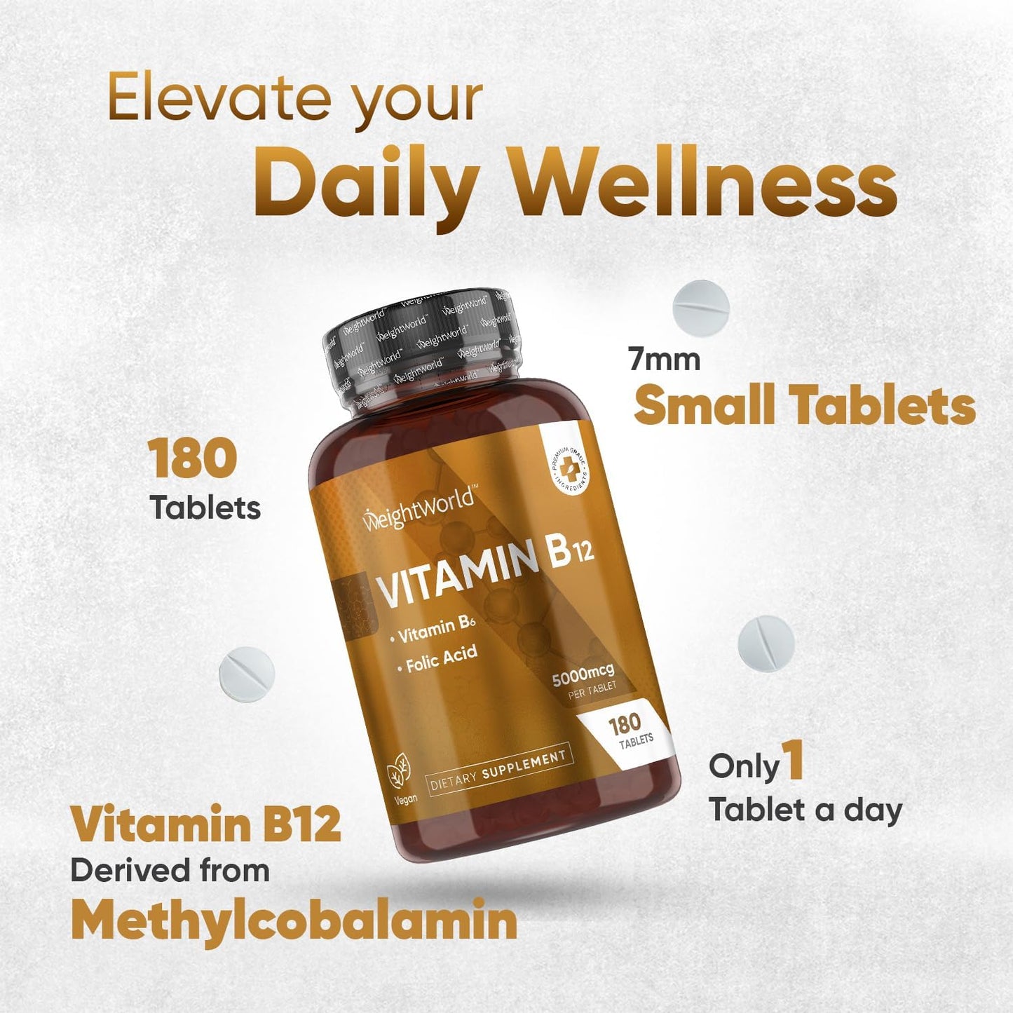 High Strength Vegan Vitamin B12 5000 mcg Tablets with B6 & Folate - 6 Month Supply - Methylcobalamin for Energy & Active Life