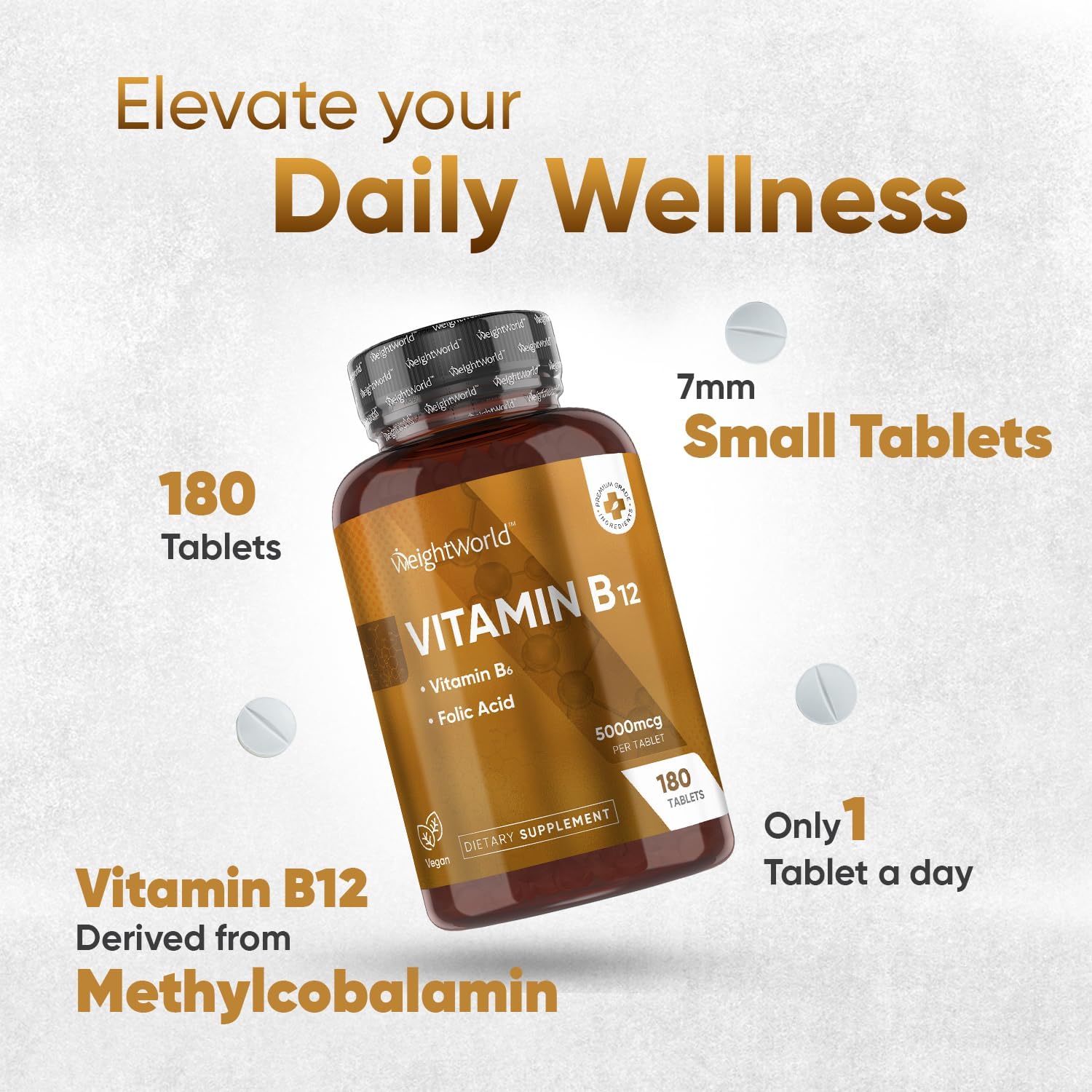 High Strength Vegan Vitamin B12 5000 mcg Tablets with B6 & Folate - 6 Month Supply - Methylcobalamin for Energy & Active Life