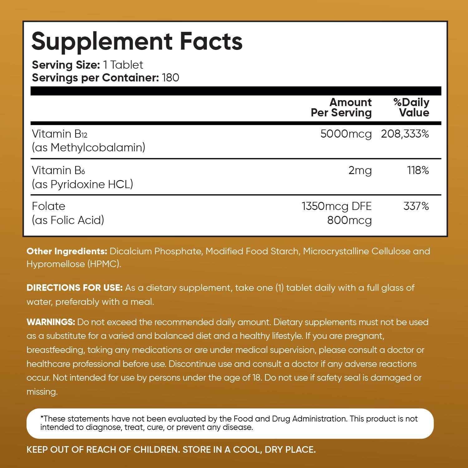 High Strength Vegan Vitamin B12 5000 mcg Tablets with B6 & Folate - 6 Month Supply - Methylcobalamin for Energy & Active Life
