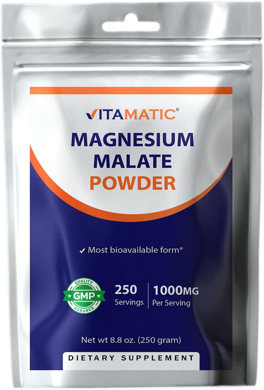 High Strength Vitamatic Magnesium Malate Powder for Muscle, Joint, and Heart Health - 250 Servings of 1000mg