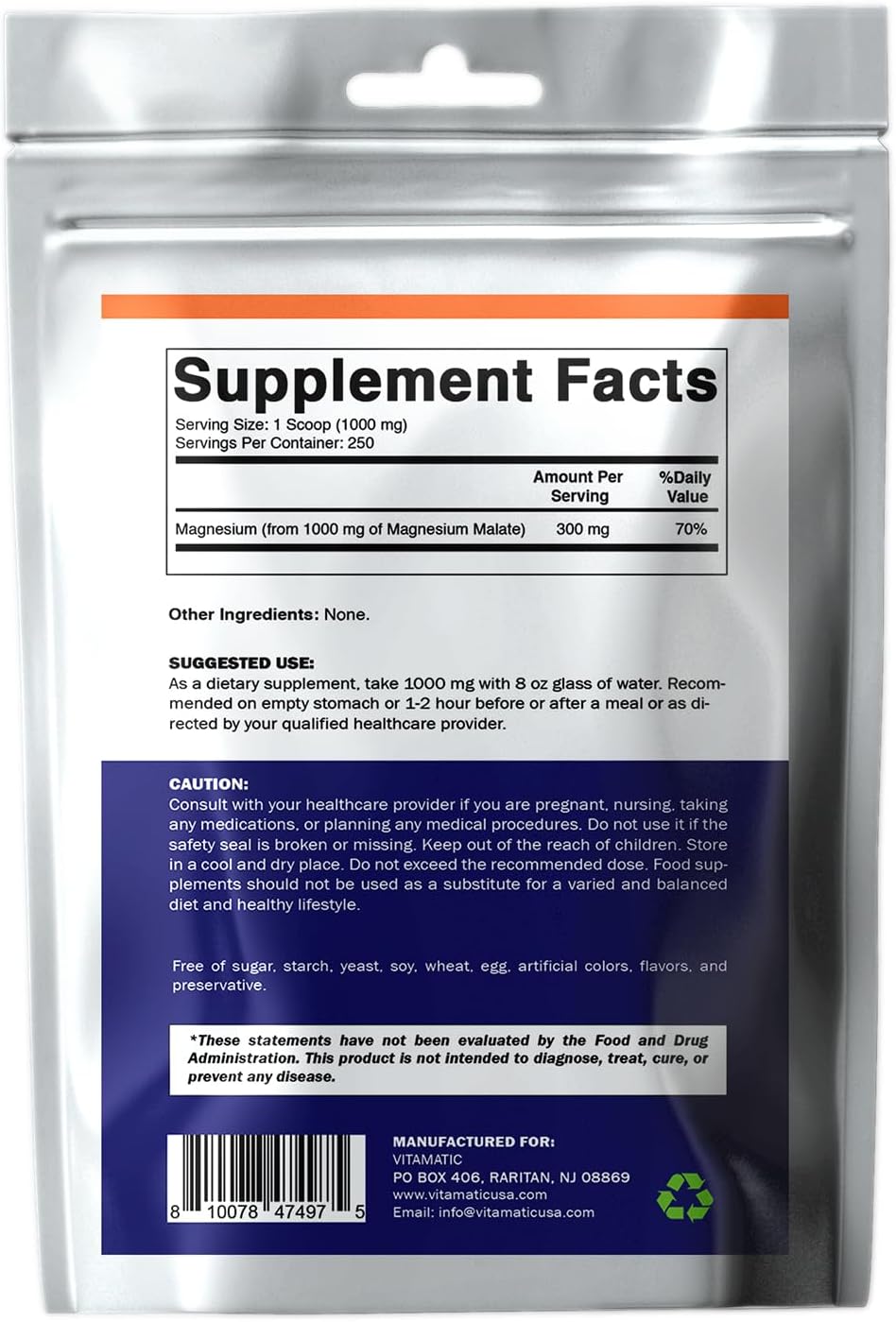 High Strength Vitamatic Magnesium Malate Powder for Muscle, Joint, and Heart Health - 250 Servings of 1000mg