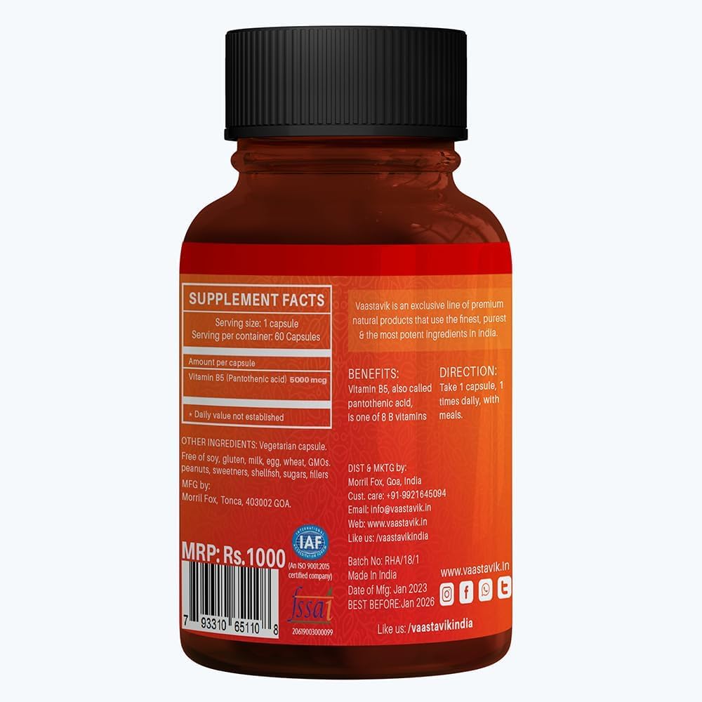 High Strength Vitamin B5 Supplement - Pantothenic Acid 5000 Mcg - 60 Capsules