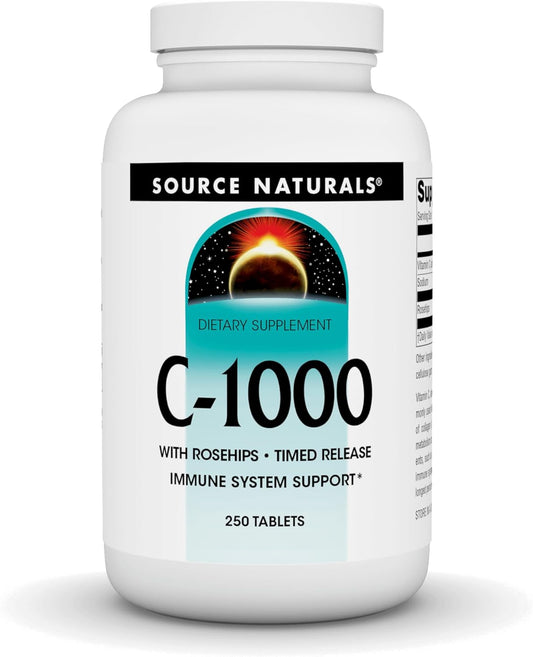 High Strength Vitamin C Supplement with Rose Hips - 1000mg Immune Support - 250 Time Release Tablets