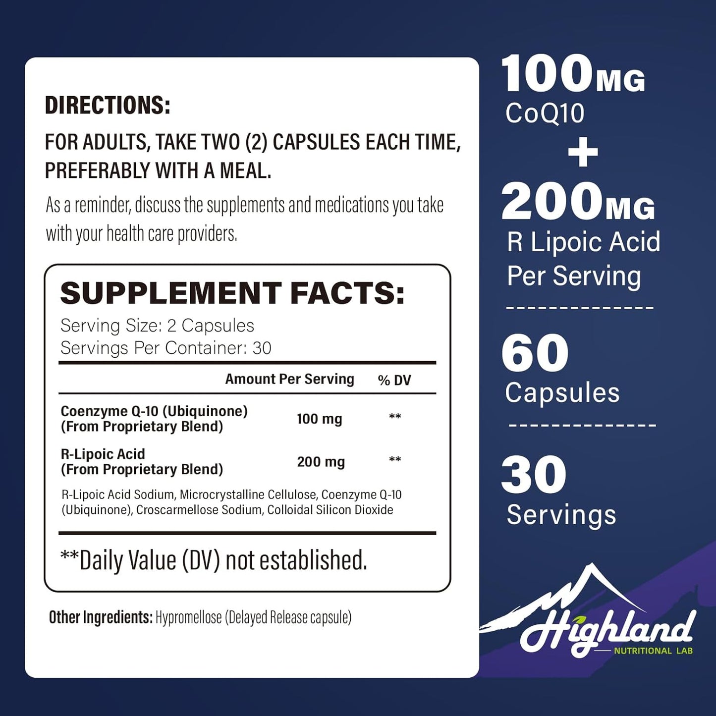 Highland Nutritional Lab CoQ10 100mg & R-Lipoic Acid (Na) 200mg, High Absorption R-Lipoic Acid/CoQ10 Supplement for Heart & Cognitive Health - 60 Capsules