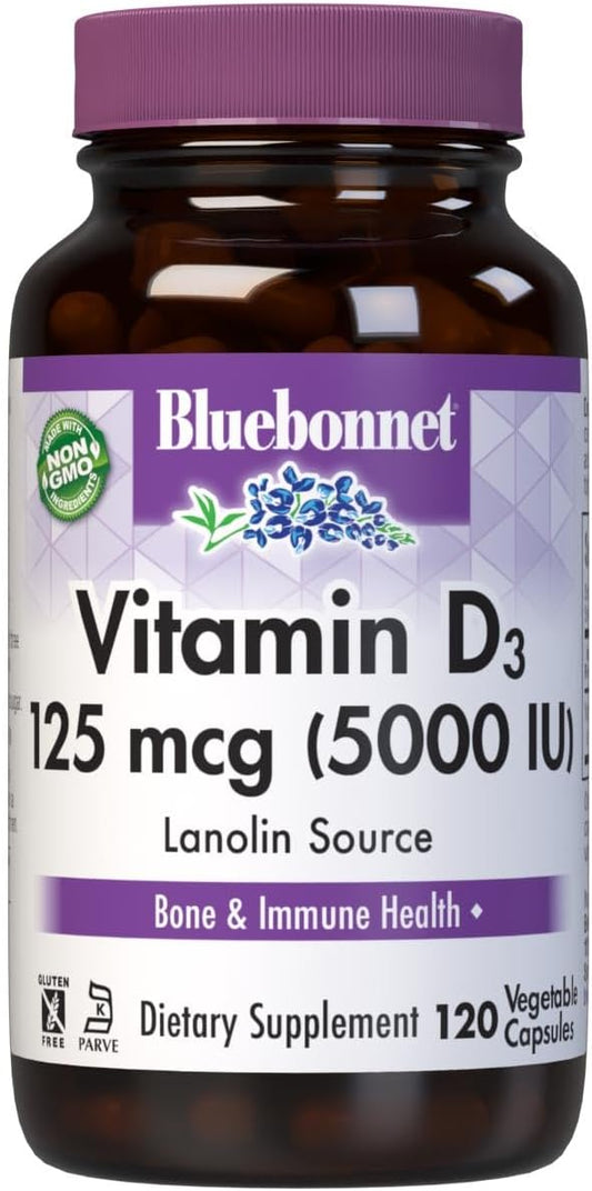 Highly Absorbable Bluebonnet Vitamin D3 5000 IU Supplement - Strong Bones & Immune Support for Women & Men - Soy-Free, Gluten-Free, Non-GMO - 120 Veggie Capsules