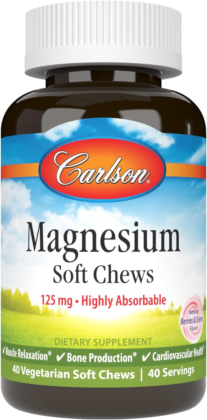 Highly Absorbable Carlson Magnesium Soft Chews - 125mg for Muscle Relaxation & Overall Health - Berries & Creme Flavor - 40 Vegetarian Soft Chews