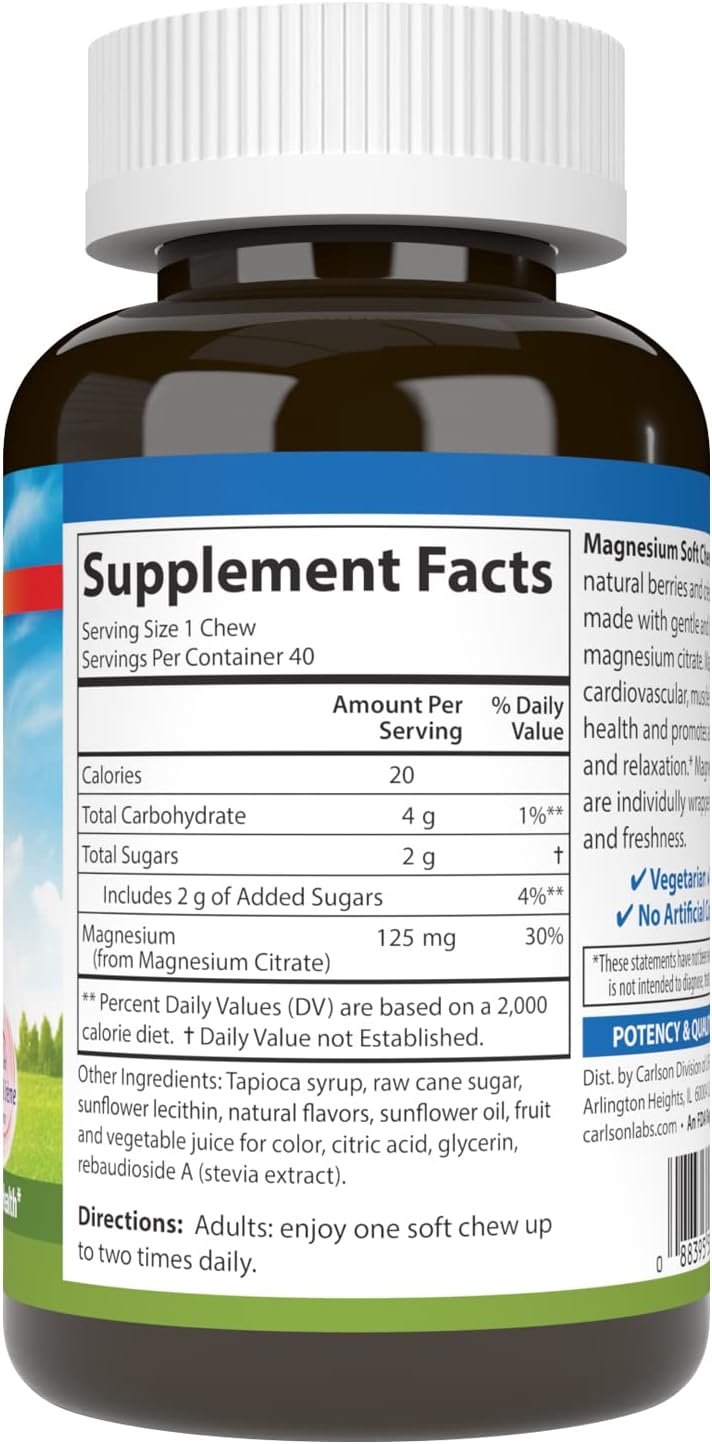 Highly Absorbable Carlson Magnesium Soft Chews - 125mg for Muscle Relaxation & Overall Health - Berries & Creme Flavor - 40 Vegetarian Soft Chews