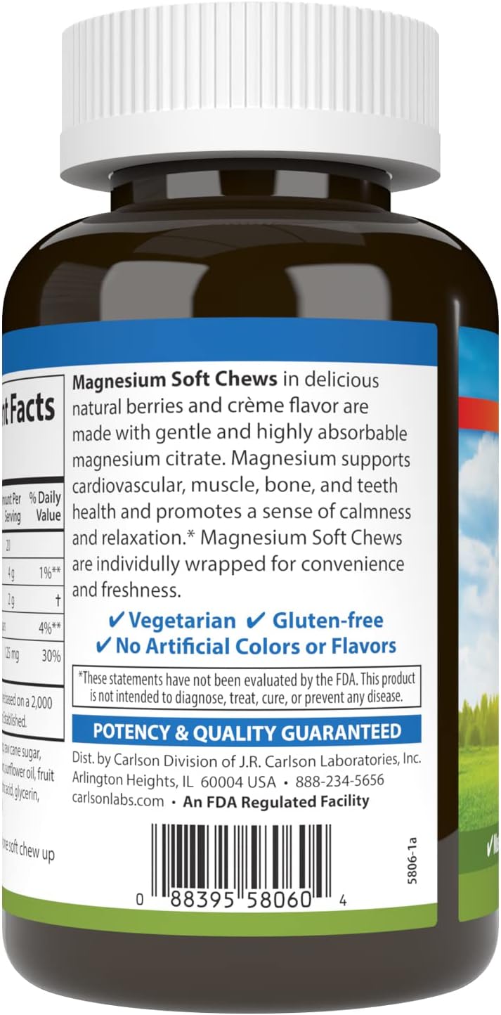 Highly Absorbable Carlson Magnesium Soft Chews - 125mg for Muscle Relaxation & Overall Health - Berries & Creme Flavor - 40 Vegetarian Soft Chews