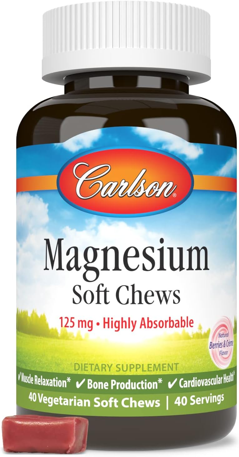 Highly Absorbable Carlson Magnesium Soft Chews - 125mg for Muscle Relaxation & Overall Health - Berries & Creme Flavor - 40 Vegetarian Soft Chews