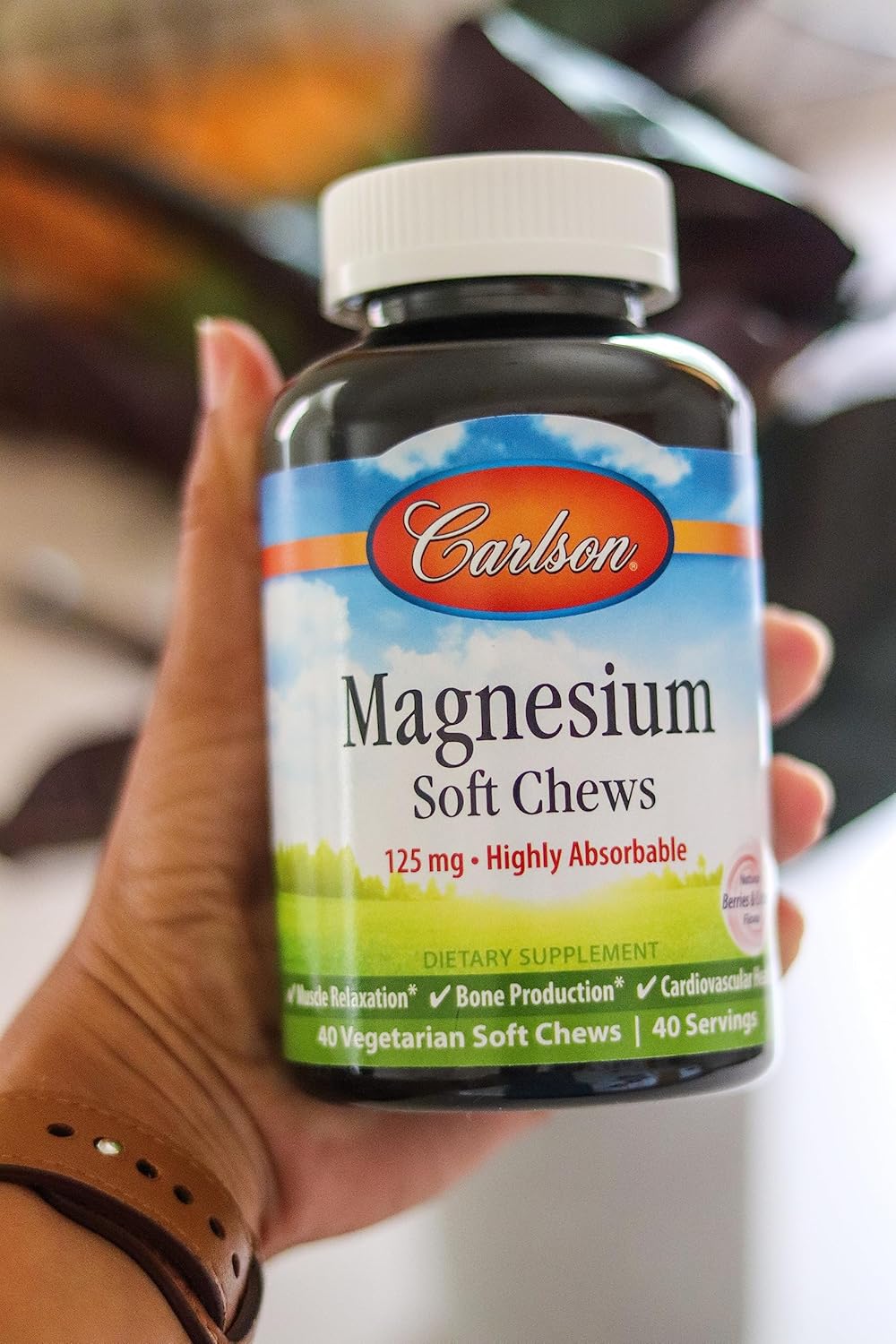 Highly Absorbable Carlson Magnesium Soft Chews - 125mg for Muscle Relaxation & Overall Health - Berries & Creme Flavor - 40 Vegetarian Soft Chews