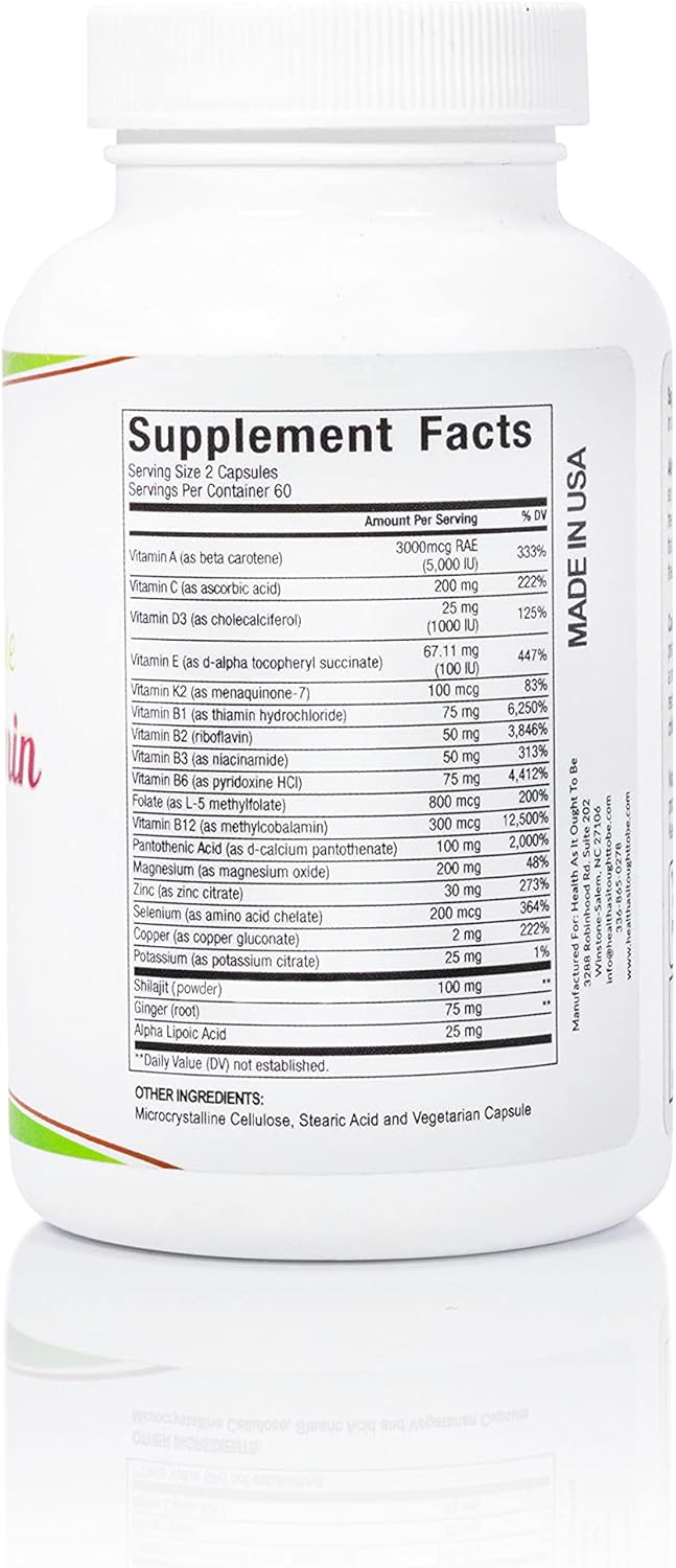 Highly Absorbable Daily Multivitamin with Shilajit, MethylB12, Methylfolate, and Vitamin K2 MK7 | 120 Capsules for Optimal Health