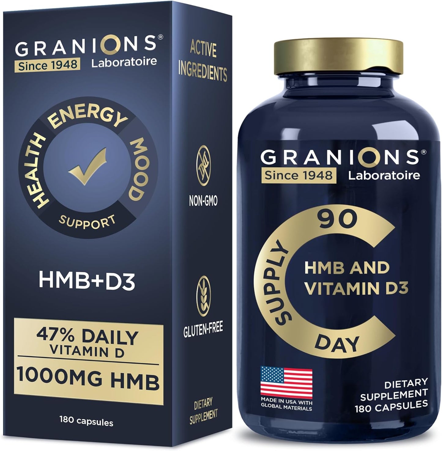 Highly Absorbable Granions Vitamin D3 HMB Supplements with 1,000 MG Calcium beta-Hydroxy beta-methylbutyrate - Pre Workout and Recovery Support - 90 Servings - Made in USA