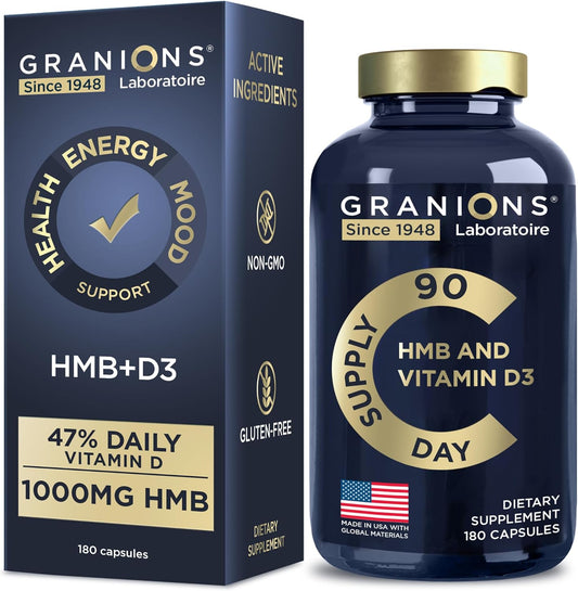 Highly Absorbable Granions Vitamin D3 HMB Supplements with 1,000 MG Calcium beta-Hydroxy beta-methylbutyrate - Pre Workout and Recovery Support - 90 Servings - Made in USA