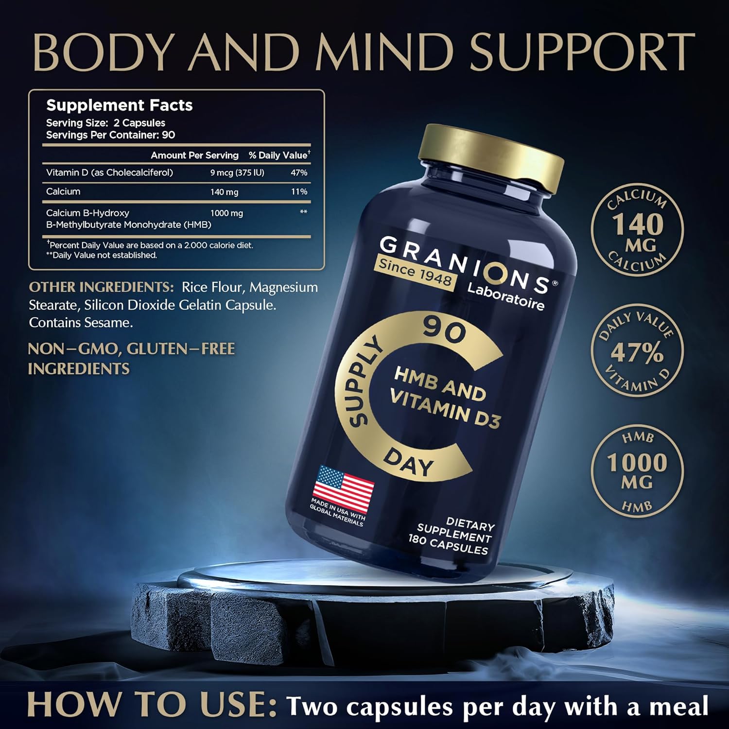 Highly Absorbable Granions Vitamin D3 HMB Supplements with 1,000 MG Calcium beta-Hydroxy beta-methylbutyrate - Pre Workout and Recovery Support - 90 Servings - Made in USA