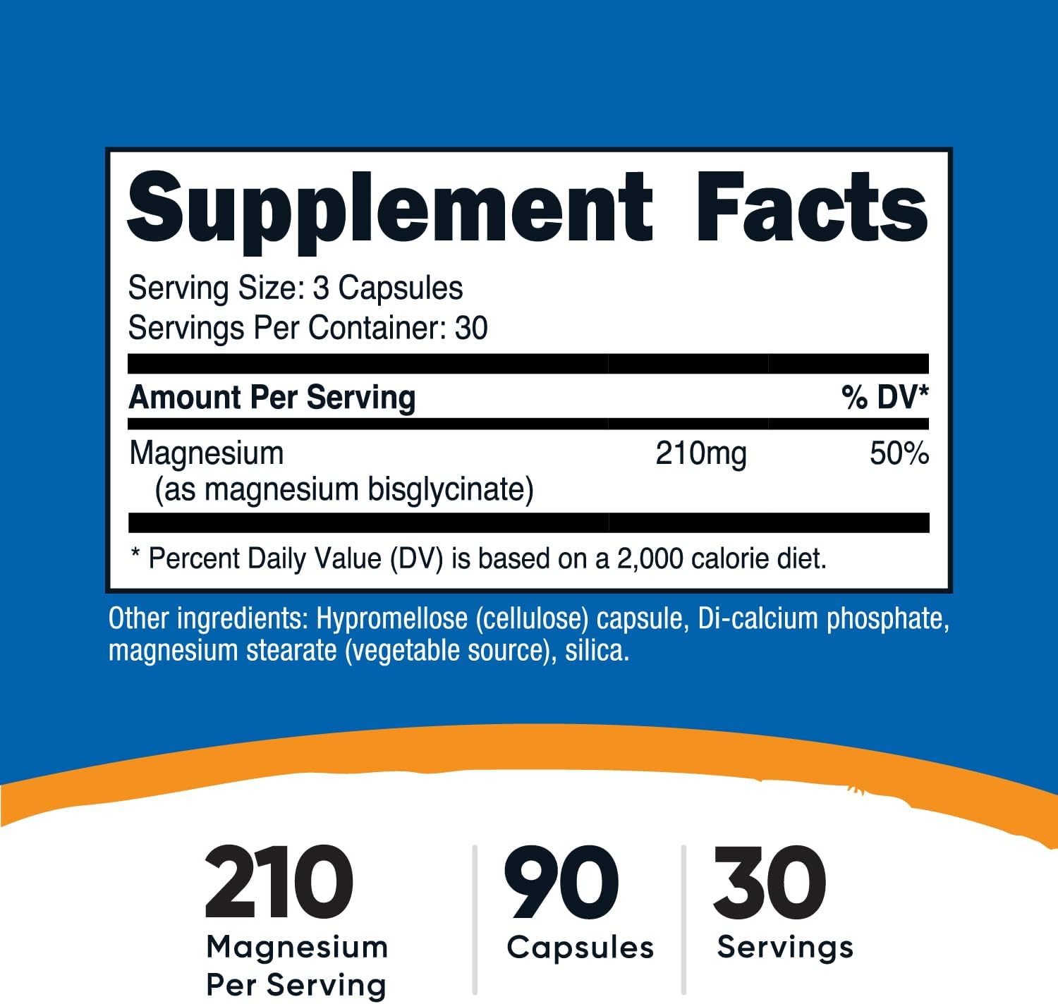 Highly Absorbable Magnesium Glycinate Capsules - 90 Capsules, 210 mg Per Serving - Nutricost Magnesium Supplement