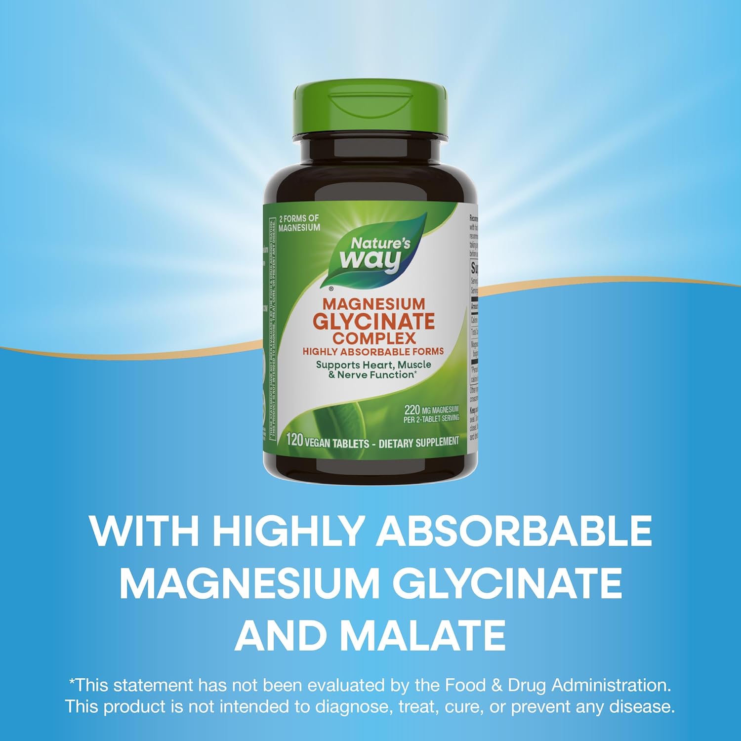 Highly Absorbable Magnesium Glycinate Complex for Heart, Muscle, and Nerve Function - 120 Tablets, Vegan and Gluten Free