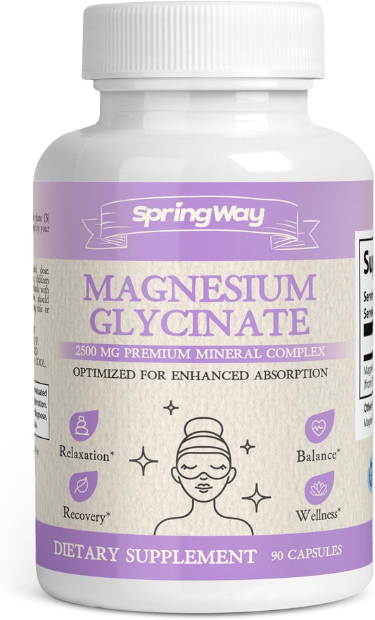 Highly Absorbable Spring Way Magnesium Glycinate 2500mg Capsules for Nutrient Support - Vegan & Gluten-Free, 90 Count