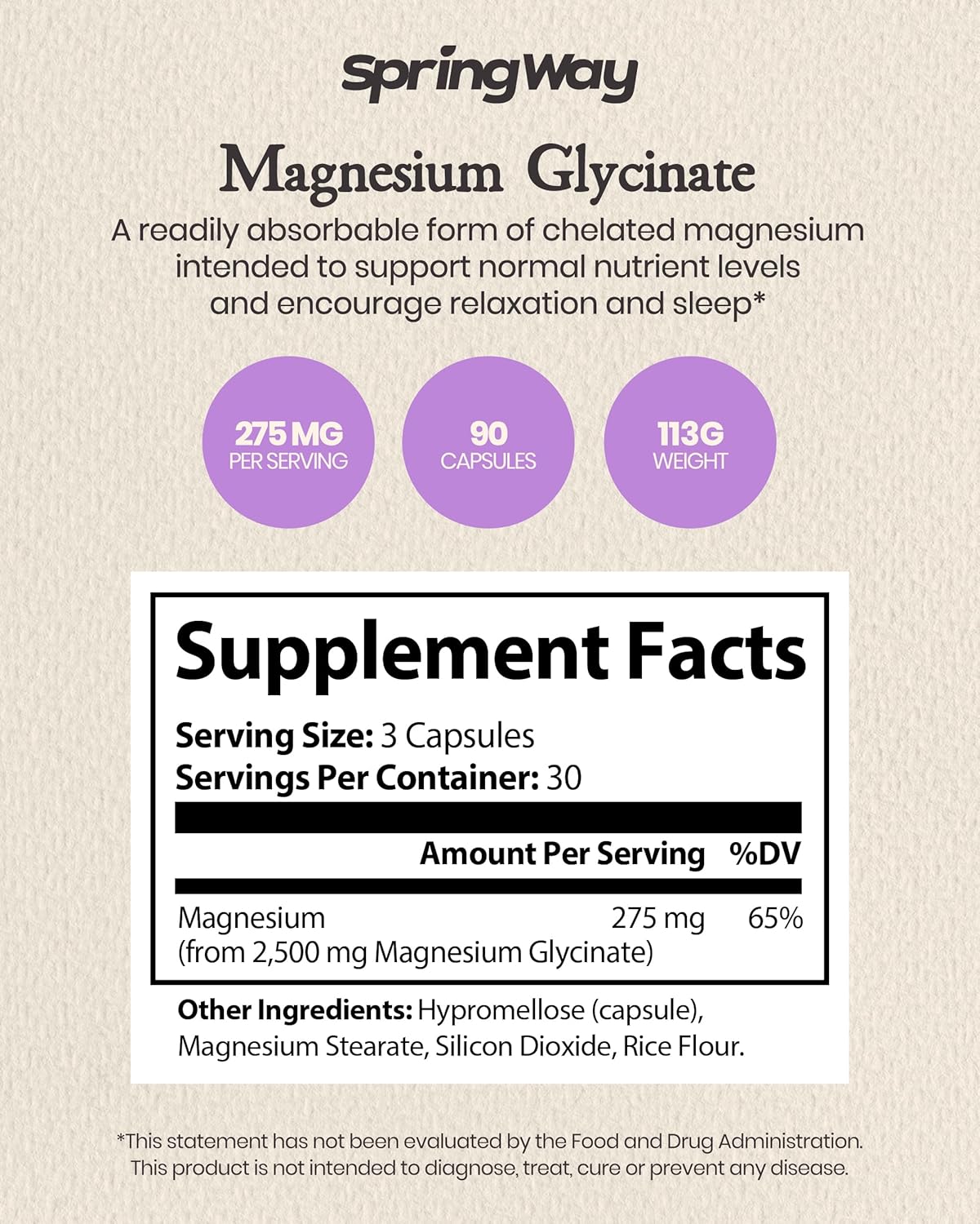 Highly Absorbable Spring Way Magnesium Glycinate 2500mg Capsules for Nutrient Support - Vegan & Gluten-Free, 90 Count