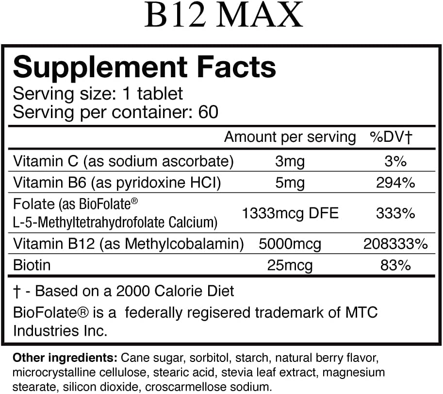 Highly Absorbable Sublingual B12 B6 Folate Vitamin Supplement (60 ct) - Bio-Available Formula for Nutritional Support