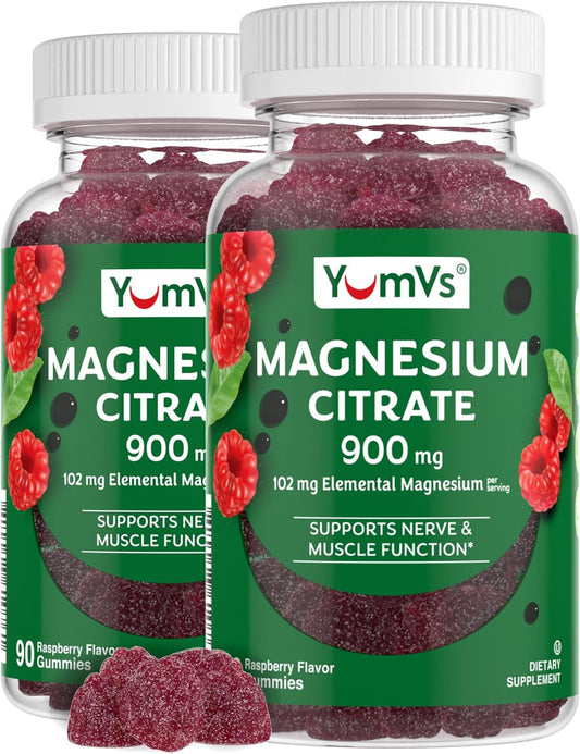 Highly Absorbable YUM-V'S Magnesium Citrate Gummies - 900mg Magnesium - Supports Nerve, Enzyme & Muscle Function - 90 Count (2 Pack) - BoostGo Australia