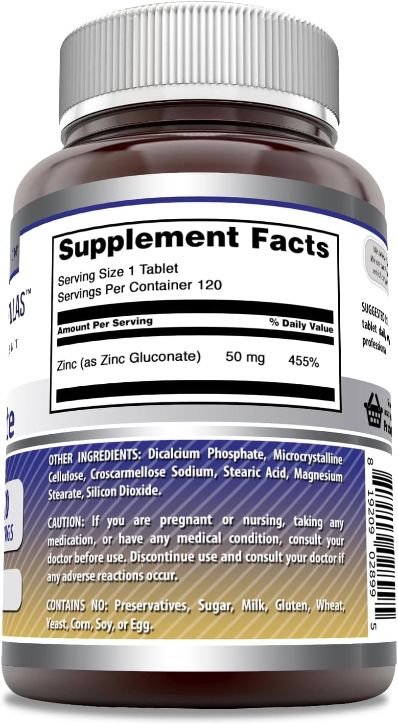 Highly Absorbable Zinc Gluconate Supplement | 50mg Per Serving | 120 Tablets | Non-GMO & Gluten-Free | Made in USA