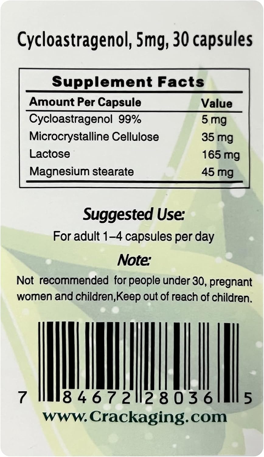 Highly Absorbent Cycloastragenol Capsules for Anti-Aging & Immunity Support - 98% Purity, 5mg, 30 Count