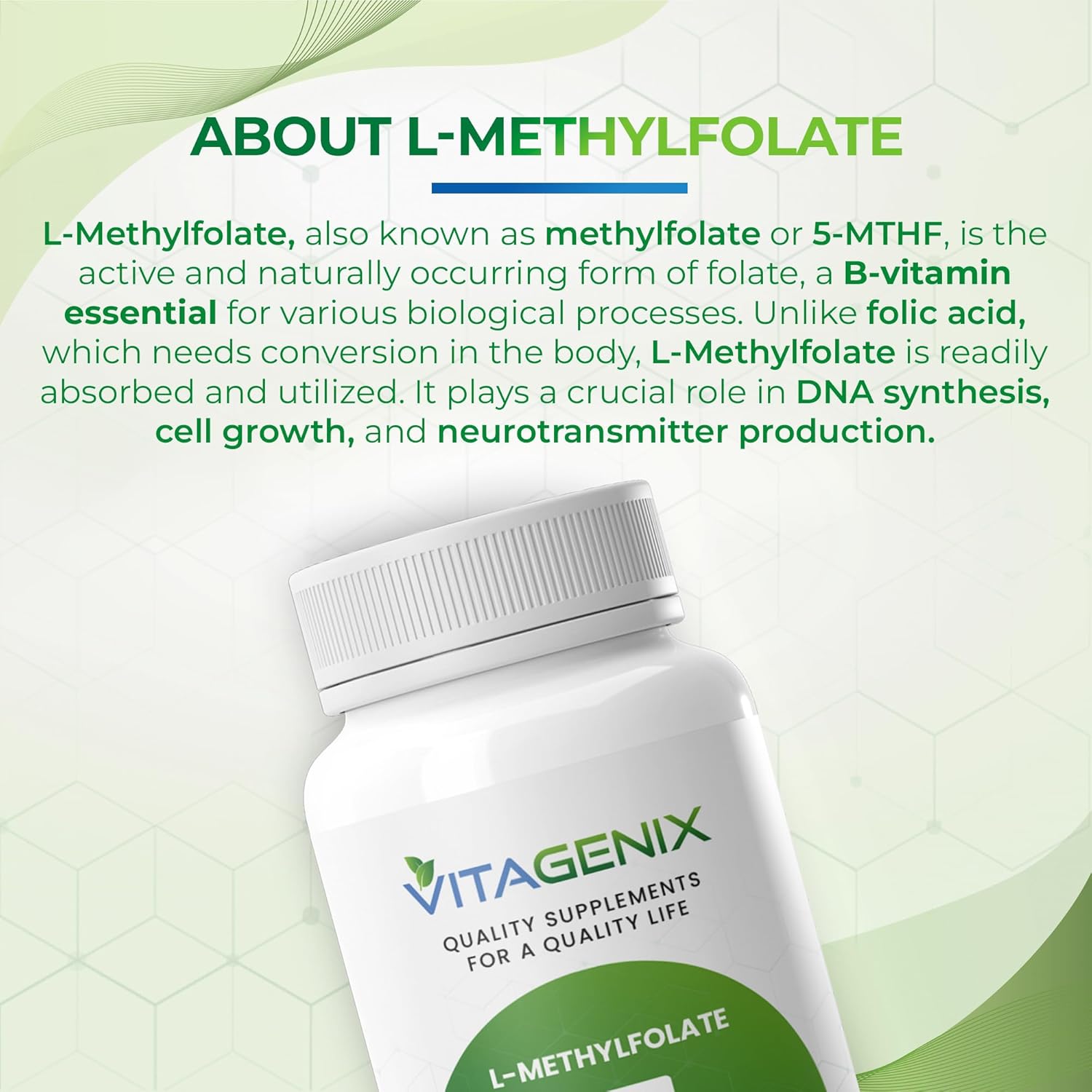 Highly Bioactive VITAGENIX L-Methylfolate Supplement for Mood & Immune Support - Optimized 15 Mg Methyl Folate