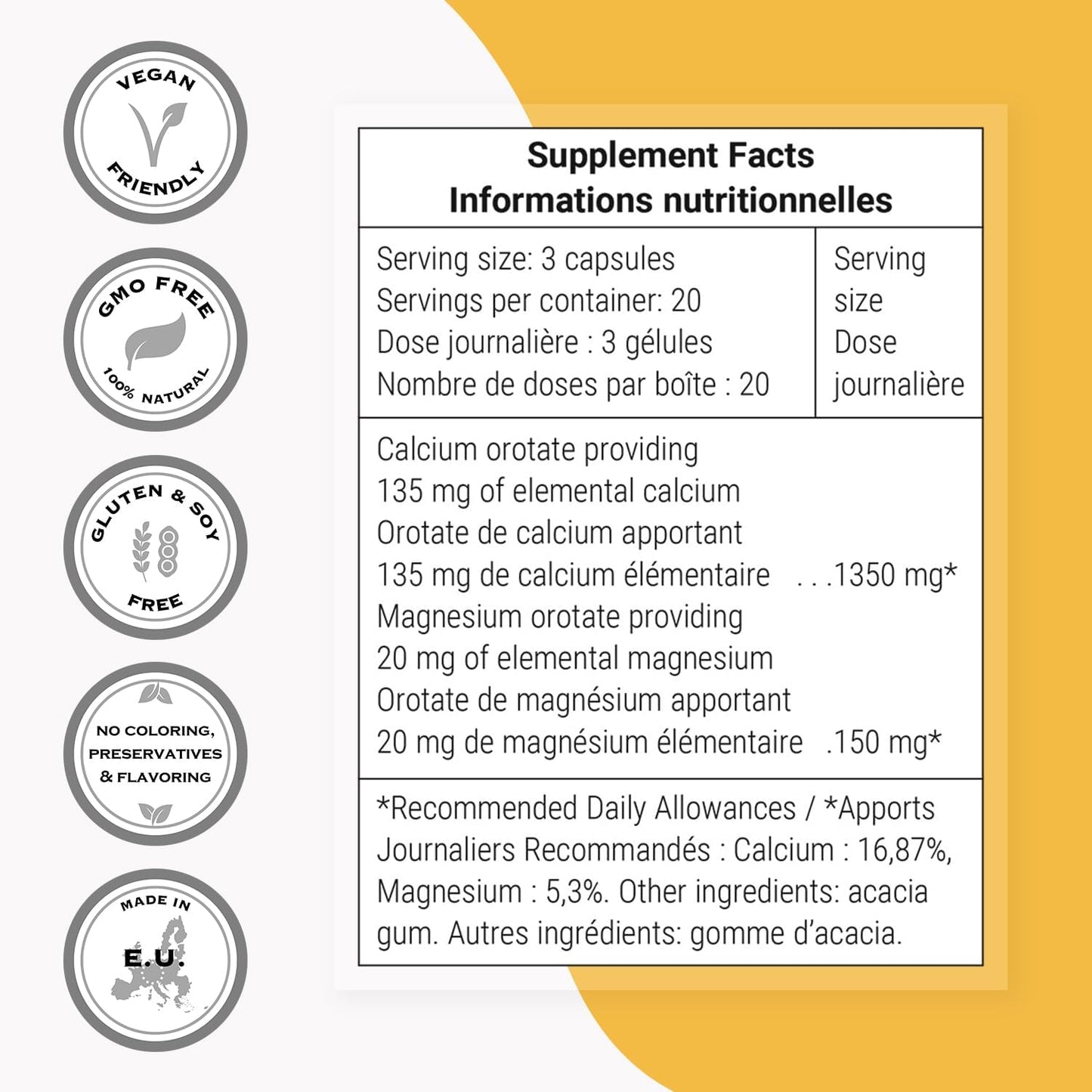 Highly Bioavailable Calcium Orotate with Magnesium Orotate 9:1 - Teeth & Bones Strength Supplement - 60 Vegetarian Capsules