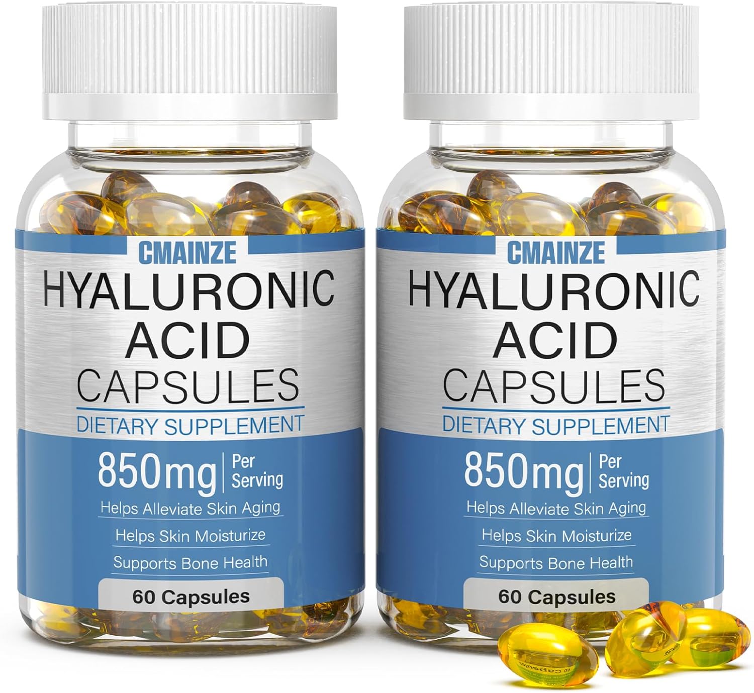 Highly Bioavailable Hyaluronic Acid Supplements - 850mg Capsules for Skin & Joint Support, 2 Pack of 60 Capsules - Effective Absorption