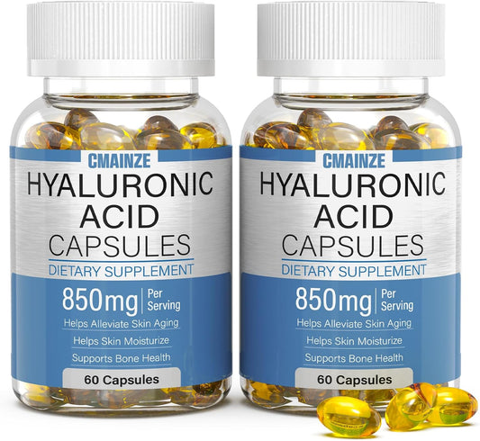 Highly Bioavailable Hyaluronic Acid Supplements - 850mg Capsules for Skin & Joint Support, 2 Pack of 60 Capsules - Effective Absorption