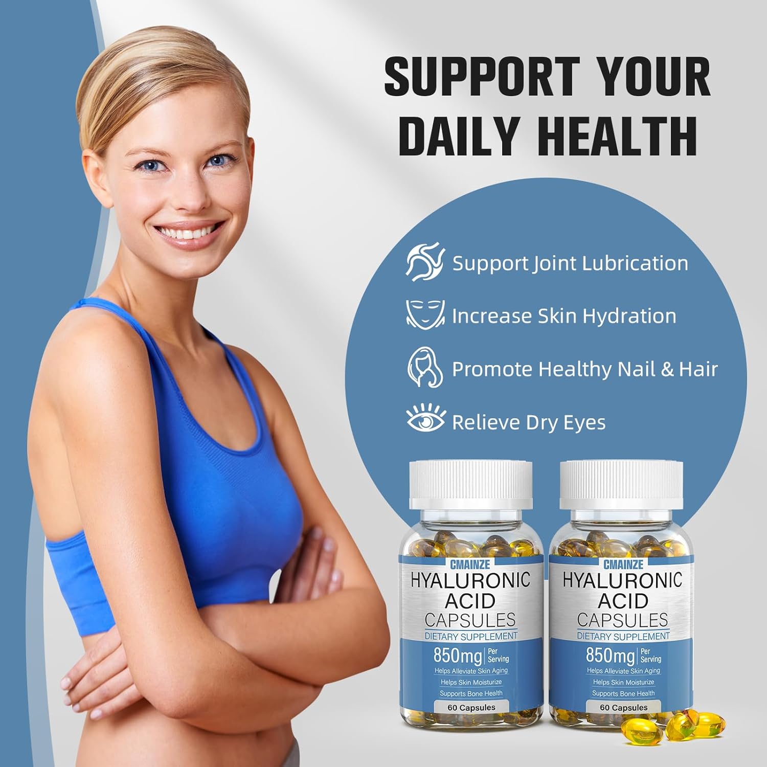 Highly Bioavailable Hyaluronic Acid Supplements - 850mg Capsules for Skin & Joint Support, 2 Pack of 60 Capsules - Effective Absorption