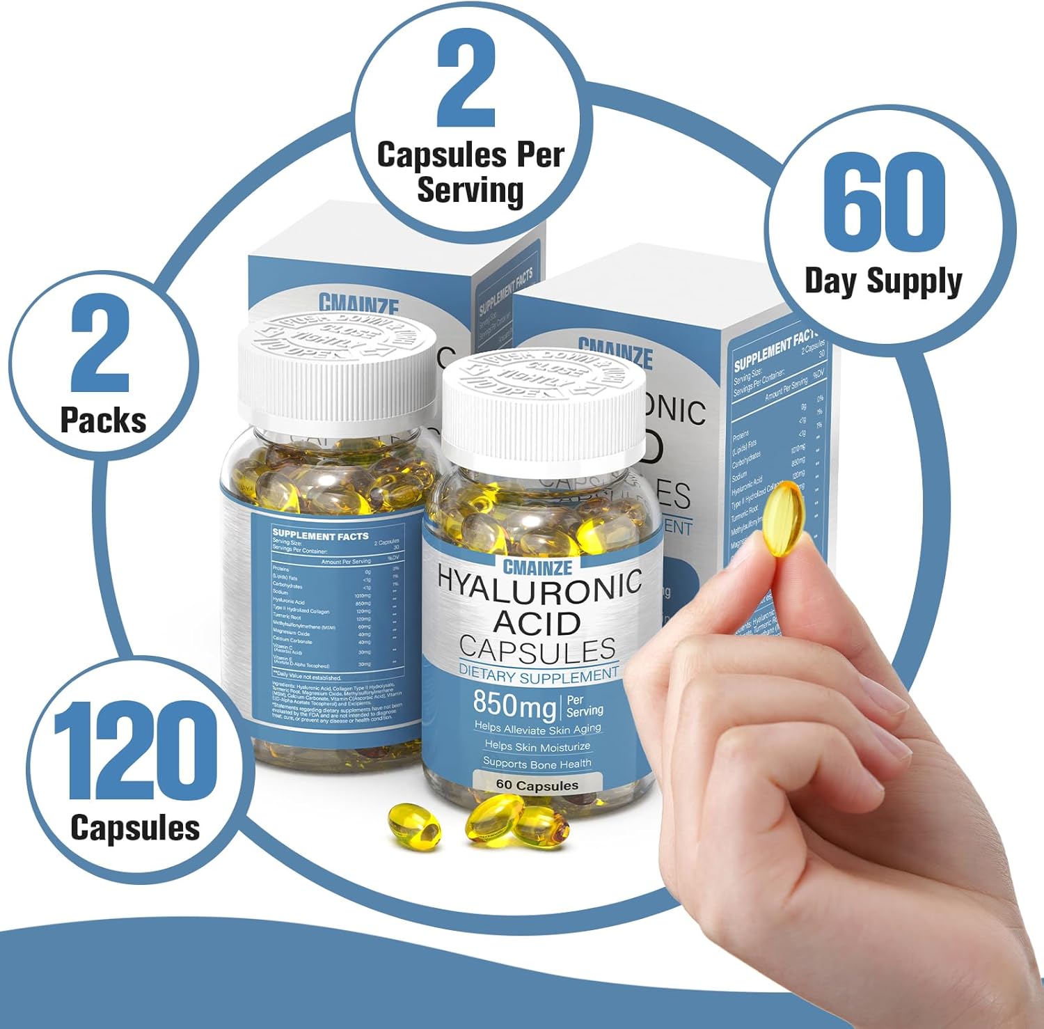 Highly Bioavailable Hyaluronic Acid Supplements - 850mg Capsules for Skin & Joint Support, 2 Pack of 60 Capsules - Effective Absorption