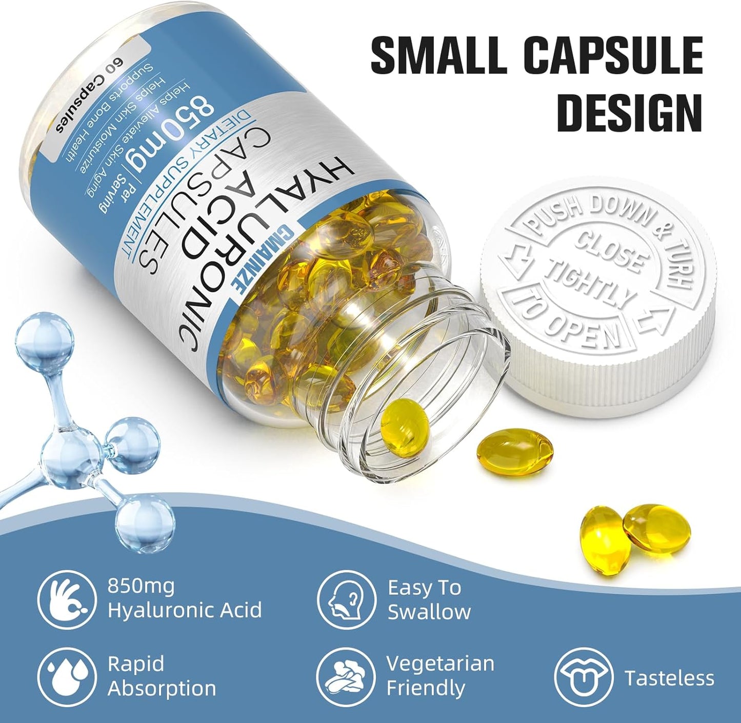 Highly Bioavailable Hyaluronic Acid Supplements - 850mg Capsules for Skin & Joint Support, 2 Pack of 60 Capsules - Effective Absorption