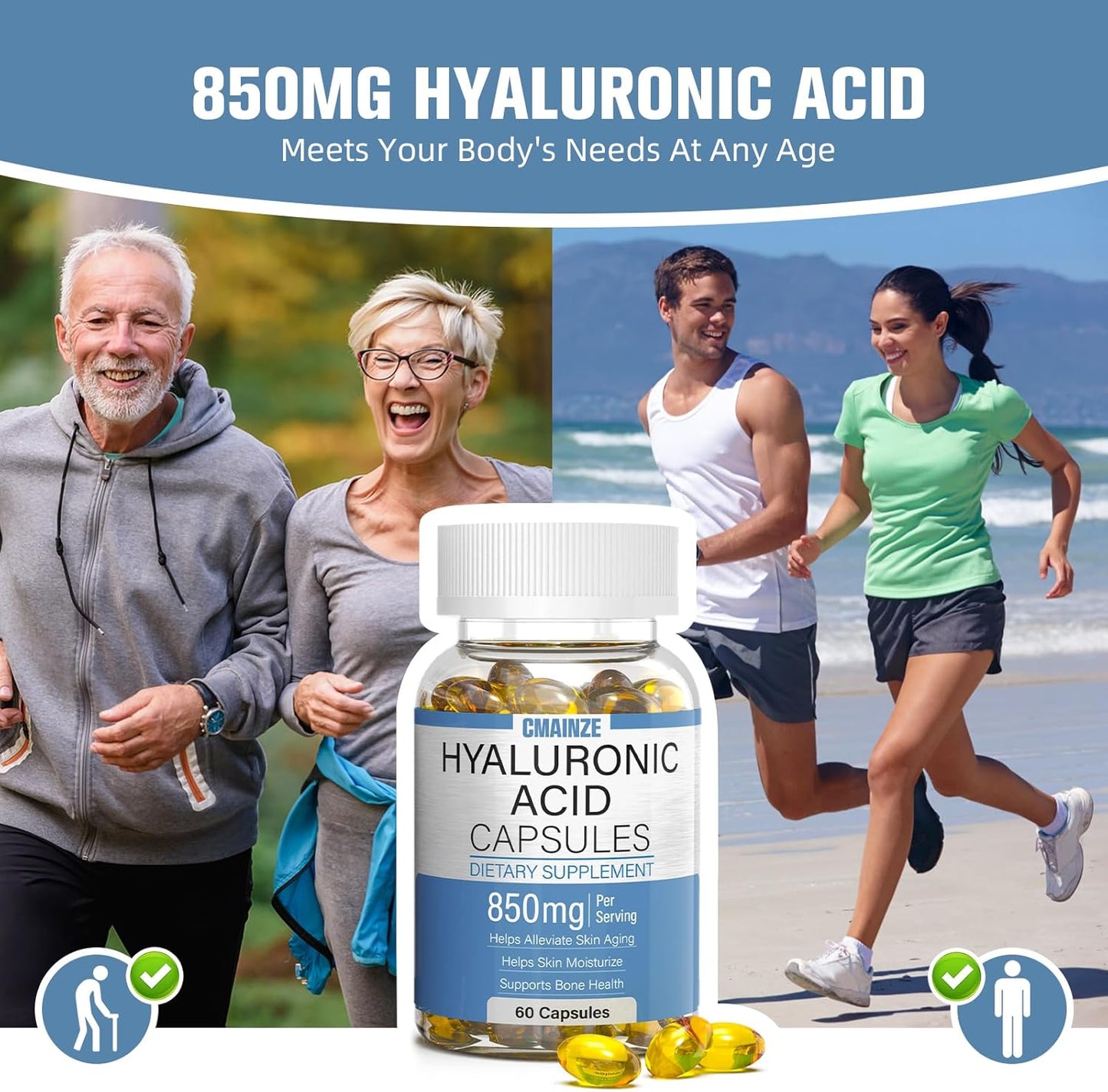 Highly Bioavailable Hyaluronic Acid Supplements - 850mg Capsules for Skin & Joint Support, 2 Pack of 60 Capsules - Effective Absorption
