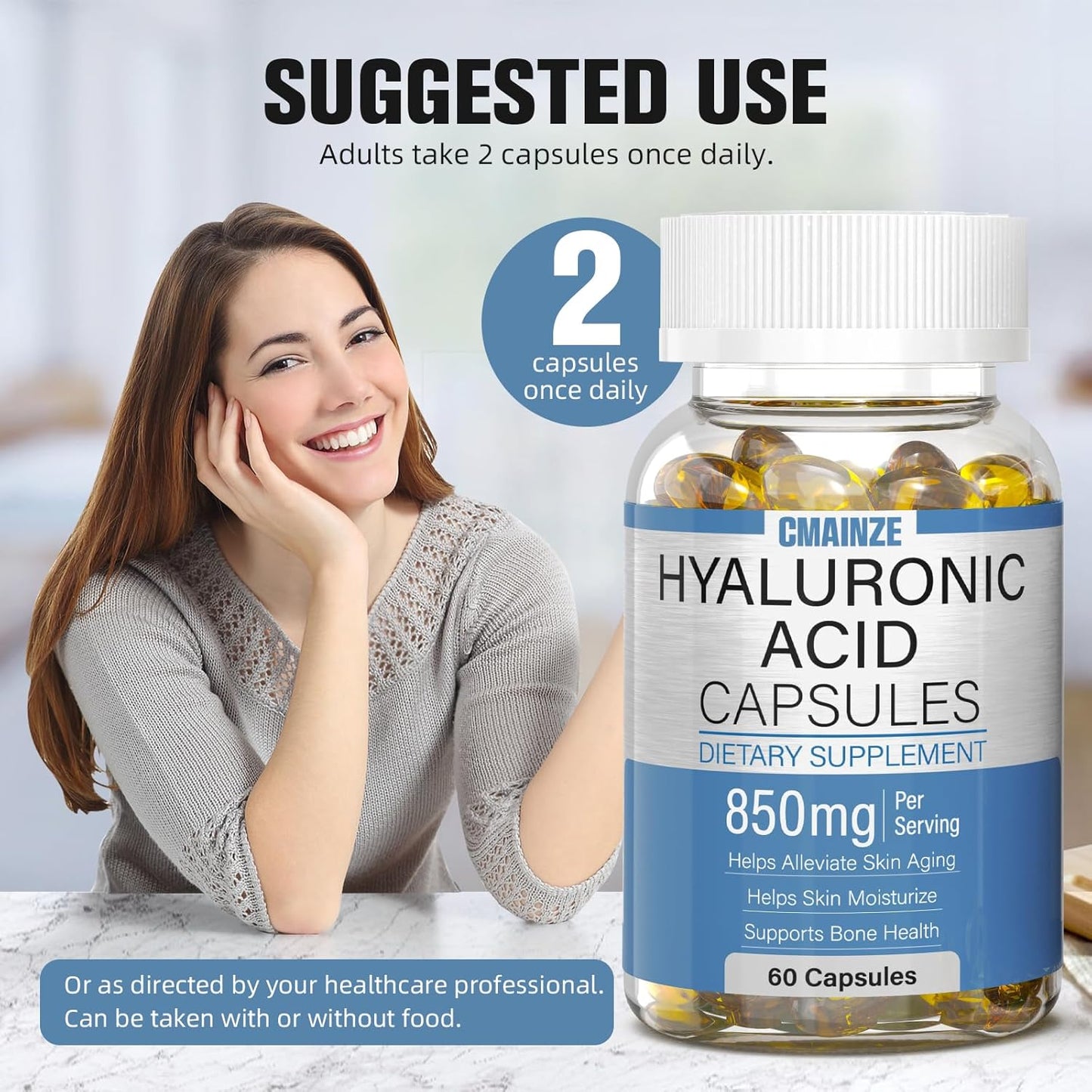 Highly Bioavailable Hyaluronic Acid Supplements - 850mg Capsules for Skin & Joint Support, 2 Pack of 60 Capsules - Effective Absorption
