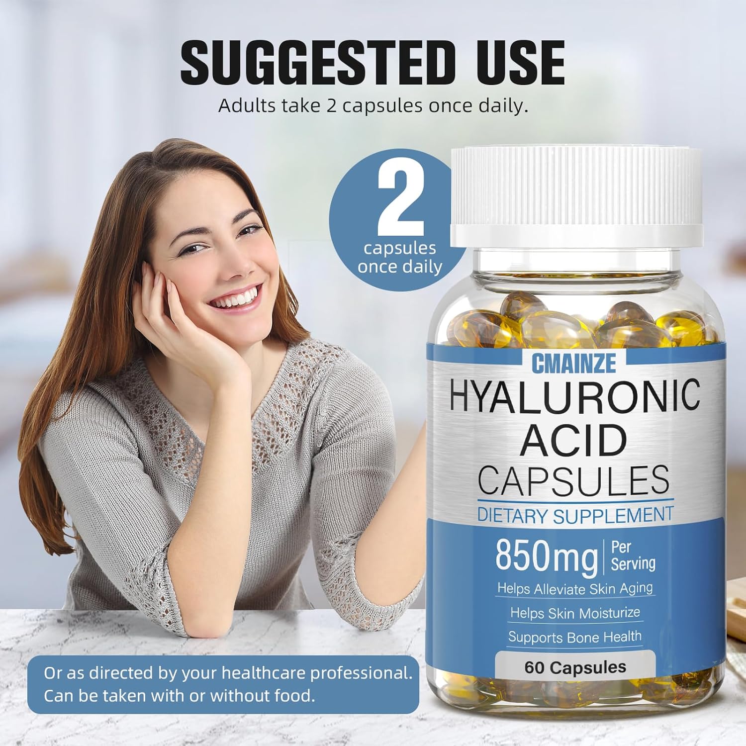 Highly Bioavailable Hyaluronic Acid Supplements - 850mg Capsules for Skin & Joint Support, 2 Pack of 60 Capsules - Effective Absorption