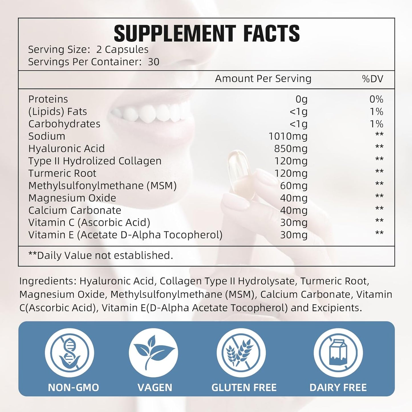 Highly Bioavailable Hyaluronic Acid Supplements - 850mg Capsules for Skin & Joint Support, 2 Pack of 60 Capsules - Effective Absorption