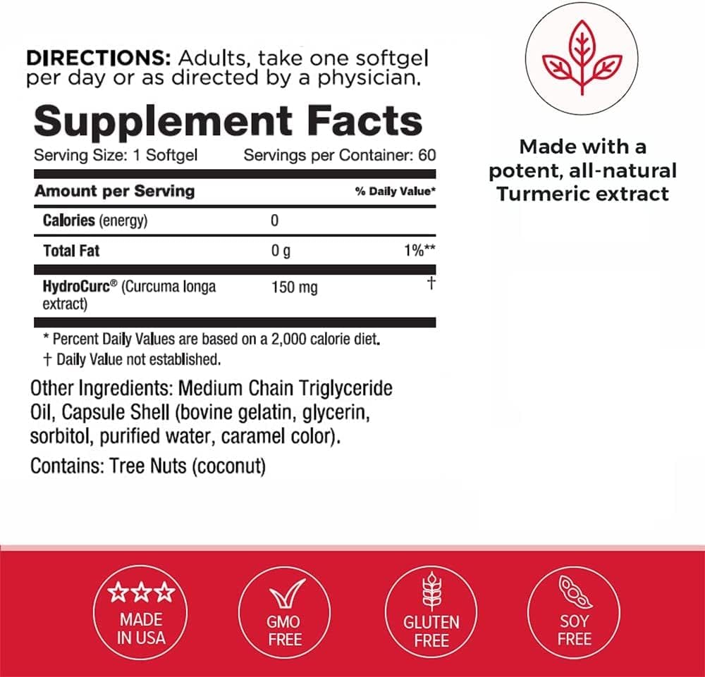 Highly Bioavailable Omax3 HydroCurc Turmeric Curcumin Softgels with MCT Oil Nanoparticle for Joint Health - 180 Softgels (3 Pack)