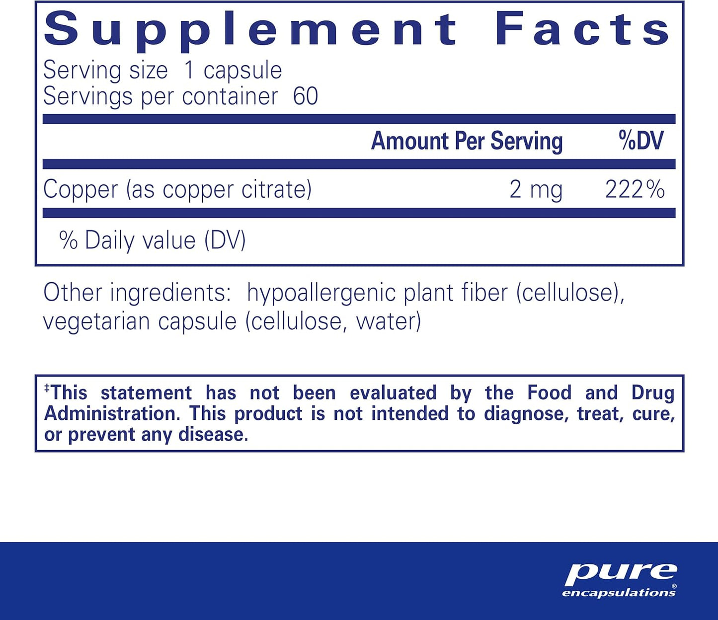 Highly Bioavailable Pure Encapsulations Copper Citrate Supplement - 60 Capsules