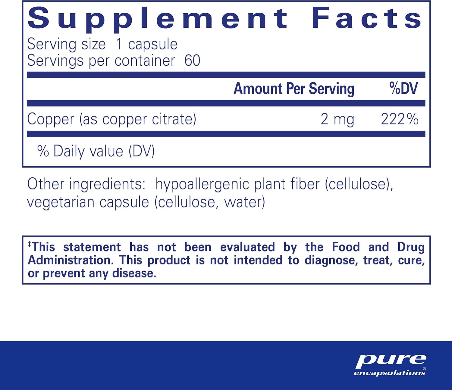 Highly Bioavailable Pure Encapsulations Copper Citrate Supplement - 60 Capsules