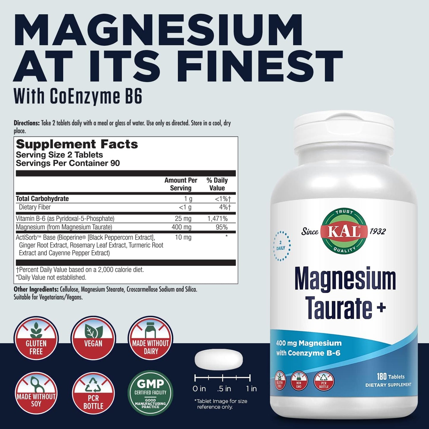 Highly Bioavailable Vegan Magnesium Taurate Plus 400mg with Coenzyme B6 - Chelated Formula (180 Tablets, 90 Servings)