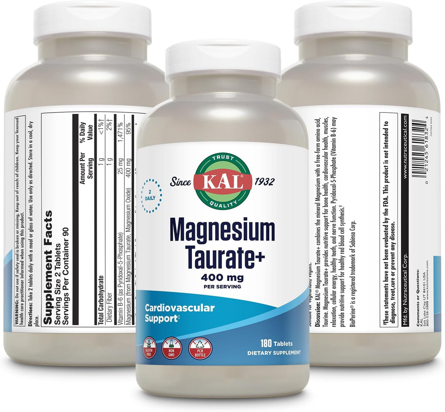 Highly Bioavailable Vegan Magnesium Taurate Plus 400mg with Coenzyme B6 - Chelated Formula (180 Tablets, 90 Servings)
