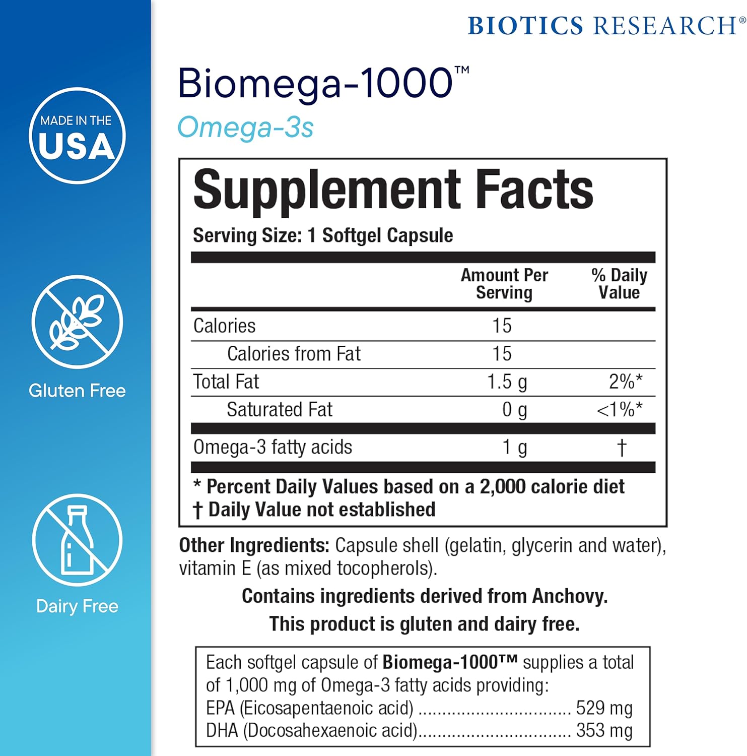 Highly Concentrated Biomega-1000™ DHA EPA 1000mg Omega 3 Fish Oil Softgels for Immune & Cardiovascular Support - Biotics Research Omega 3 Supplement for Men & Women - 90 Count