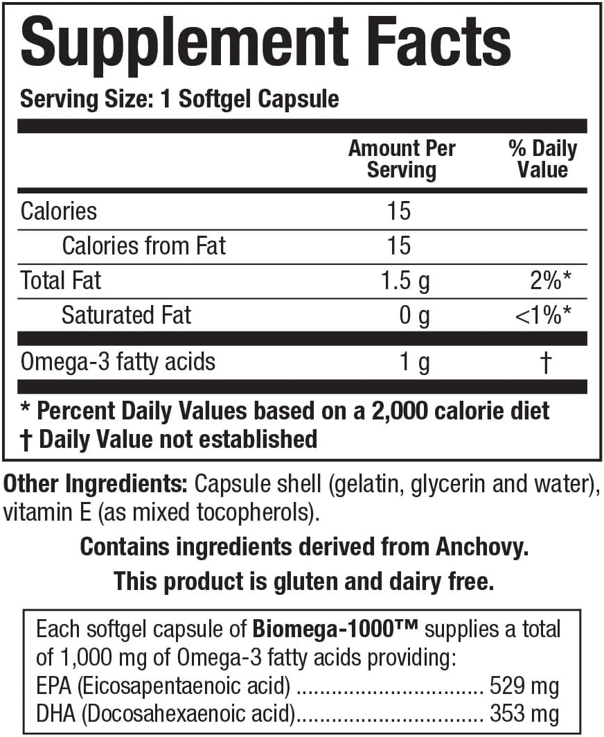 Highly Concentrated Biomega-1000™ DHA EPA 1000mg Omega 3 Fish Oil Softgels for Immune & Cardiovascular Support - Biotics Research Omega 3 Supplement for Men & Women - 90 Count