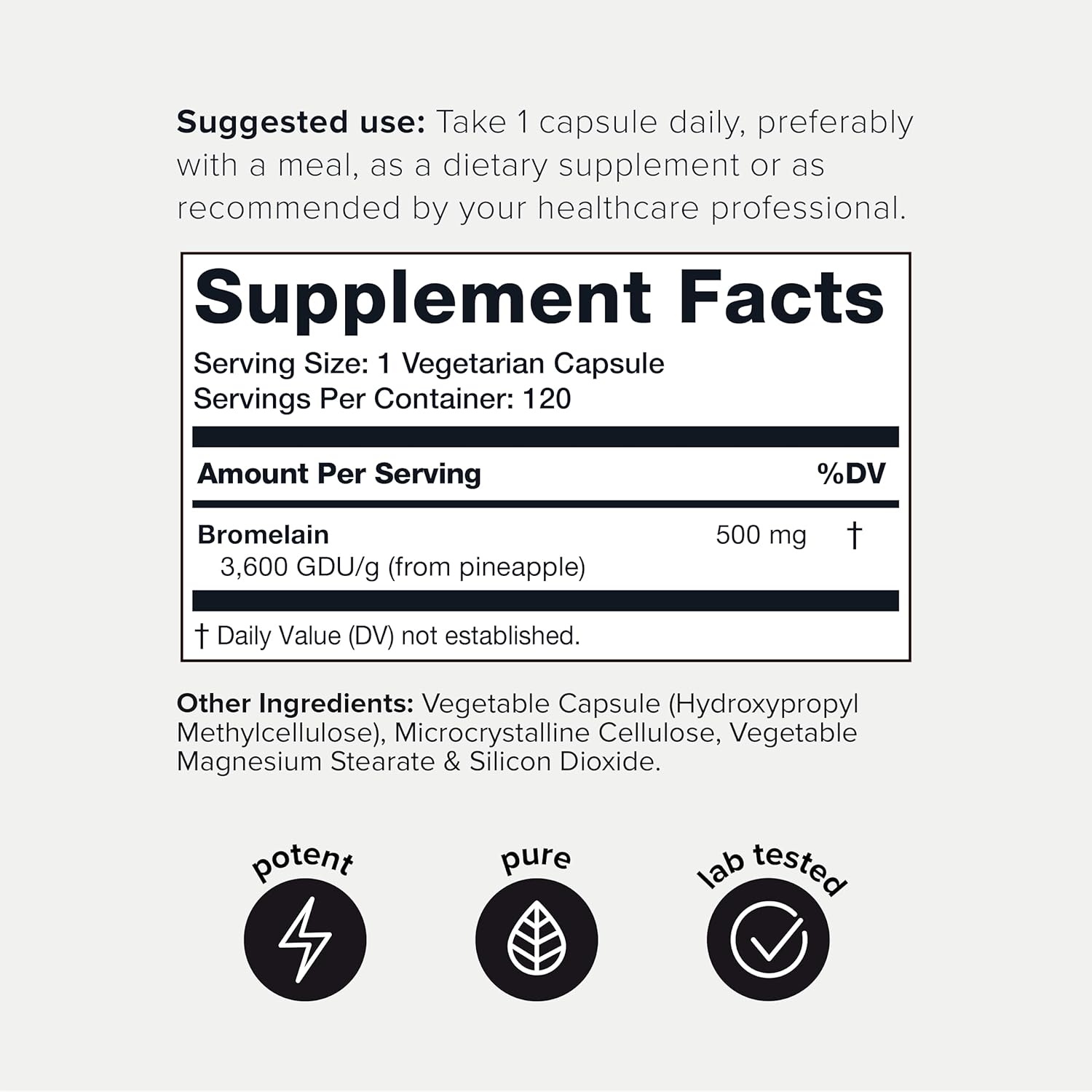 Highly Concentrated Bromelain 500mg - 3600 GDU/Gram - Third-Party Tested - 120 Vegetarian Capsules - Bioavailable Formula - 120 Servings