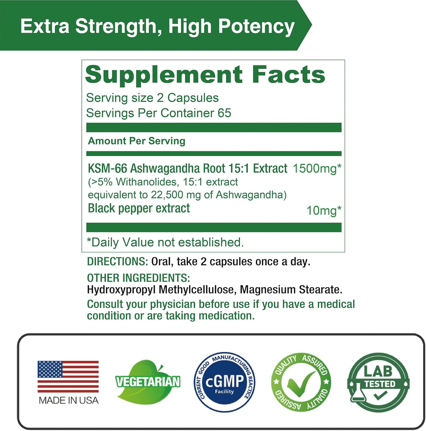 Highly Concentrated Lovita KSM-66 Ashwagandha Capsules with 5% Withanolide & 95% Black Pepper Piperine for Stress Relief & Energy Support - Vegan & Gluten Free - 130 Count