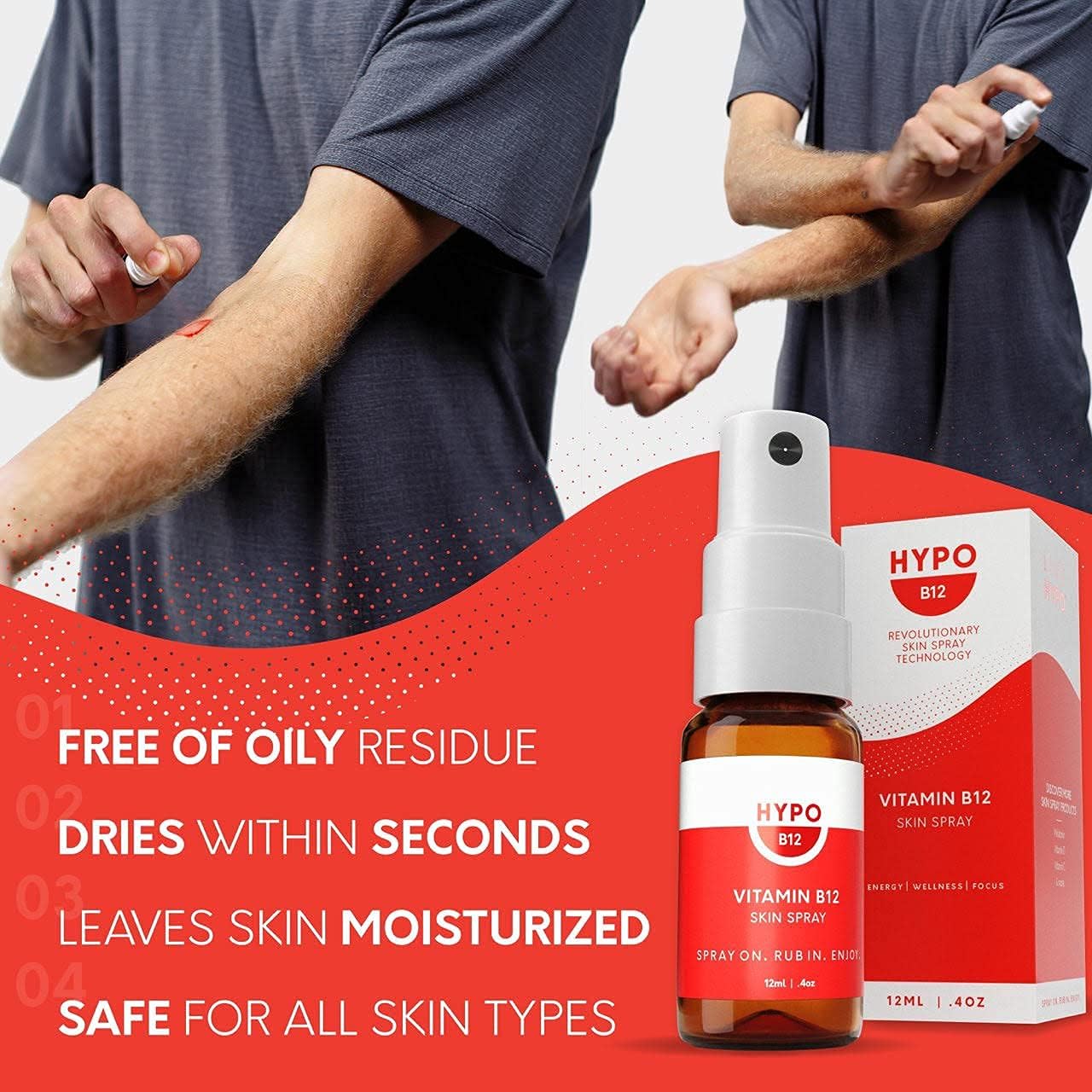 Highly Effective Hypo Vitamin B12 Spray | 16x More Absorption Than Pills & Drops | Boost Energy & Mood | Topical for Health | 680mcg Per Spray | 30 Day Supply