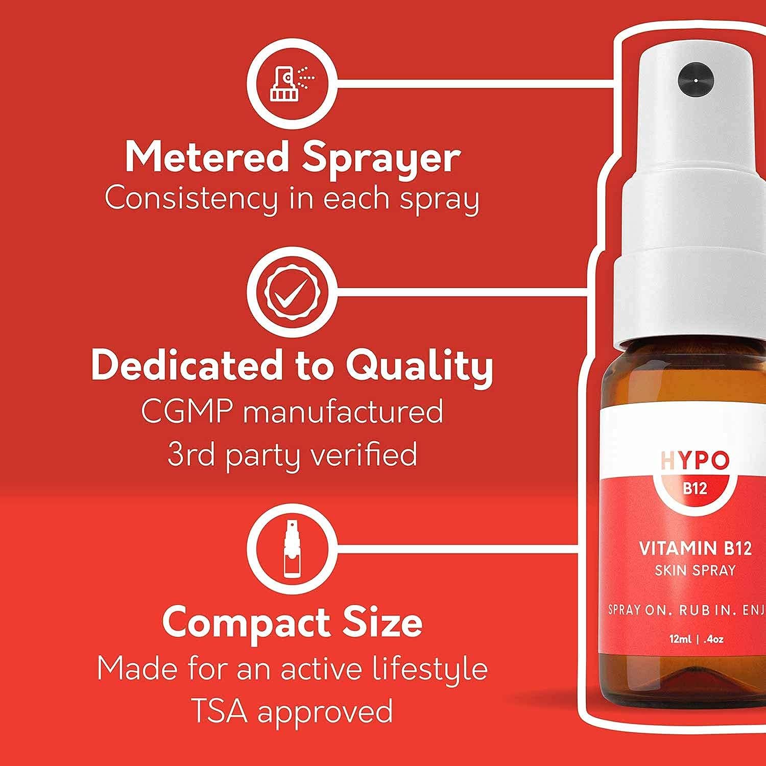 Highly Effective Hypo Vitamin B12 Spray | 16x More Absorption Than Pills & Drops | Boost Energy & Mood | Topical for Health | 680mcg Per Spray | 30 Day Supply
