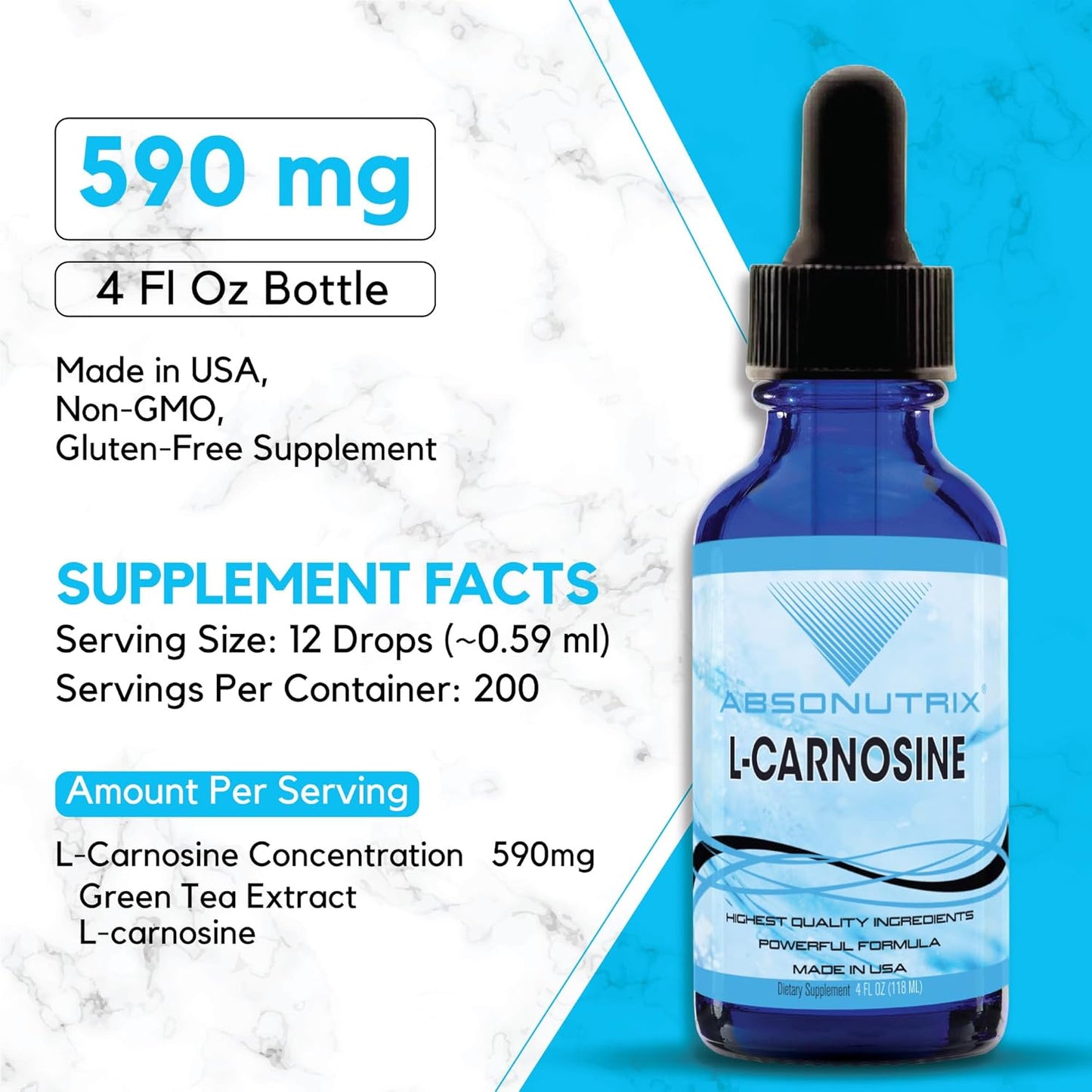 Highly Potent Absonutrix L-Carnosine Drops - 583mg, 200 Servings, Easy-to-Consume, Bioavailable, Third-Party Tested, GMP-Certified, Non-GMO, Cruelty-Free, Made in USA